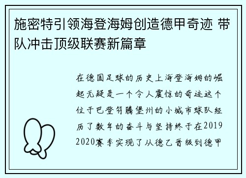 施密特引领海登海姆创造德甲奇迹 带队冲击顶级联赛新篇章 施密特引领海登海姆创造德甲奇迹 带队冲击顶级联赛新篇章
